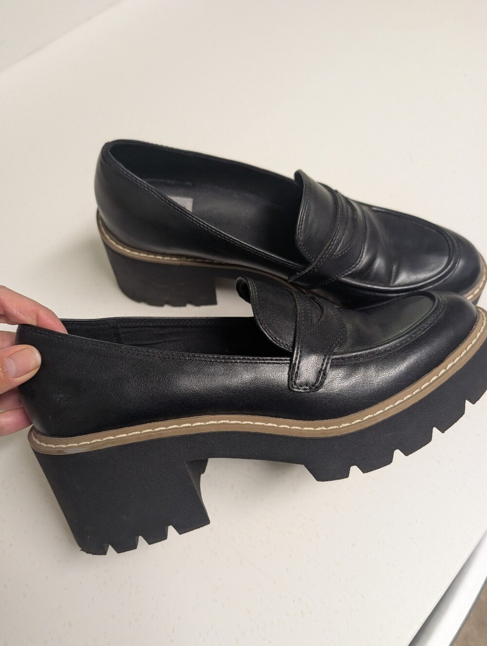 Black Chunky Lug Sole Loafer Heels - Women